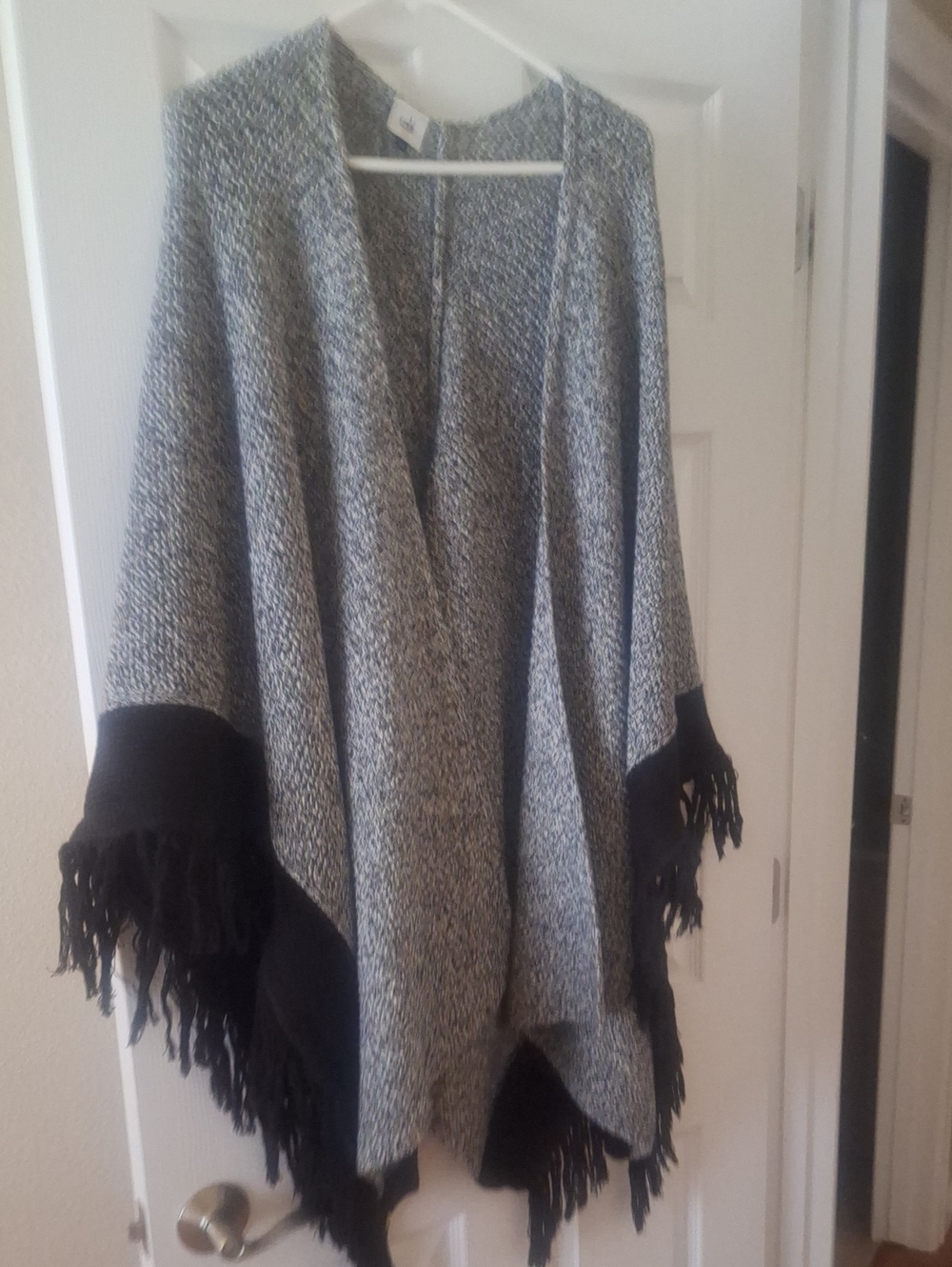 CAbi Grey Marled Poncho with Black Fringe Trim